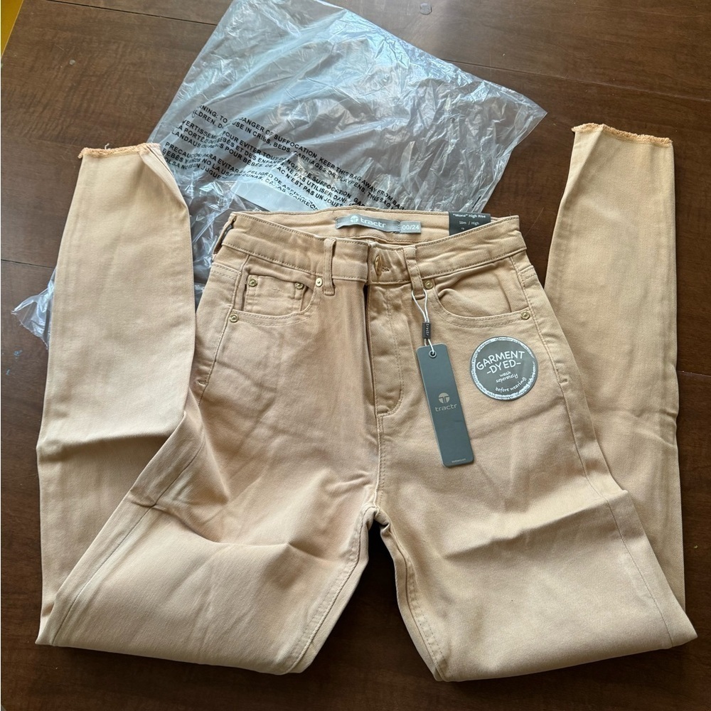 Tractr Camel Tan Khaki Mona High Rise Slim Ankle Fray Jeans 00/24 - Picture 2 of 5